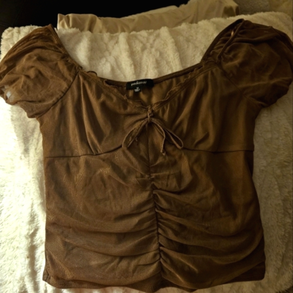 2/$25 AMBIANCE Natural Taupe Dressy Casual Blouse Size M Stretch